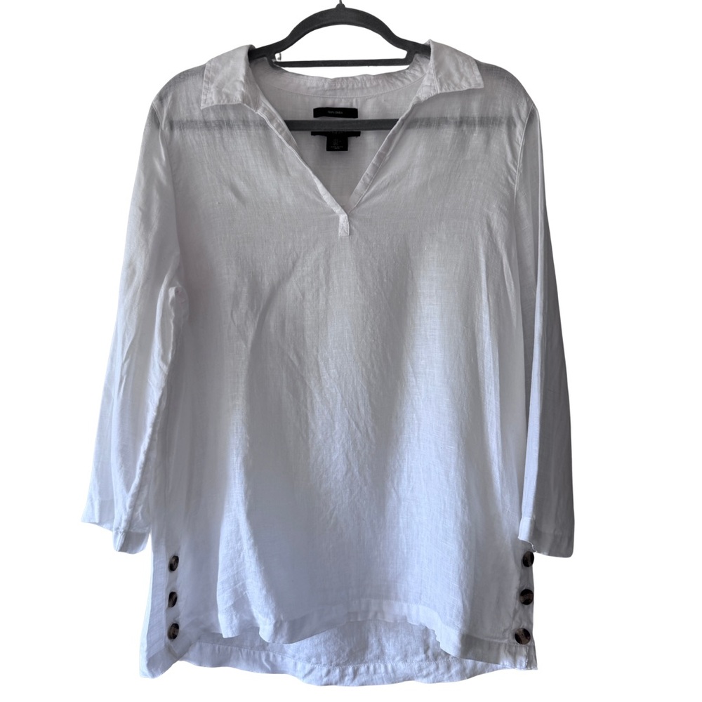 Tahari White 100% Linen Popover Top Large